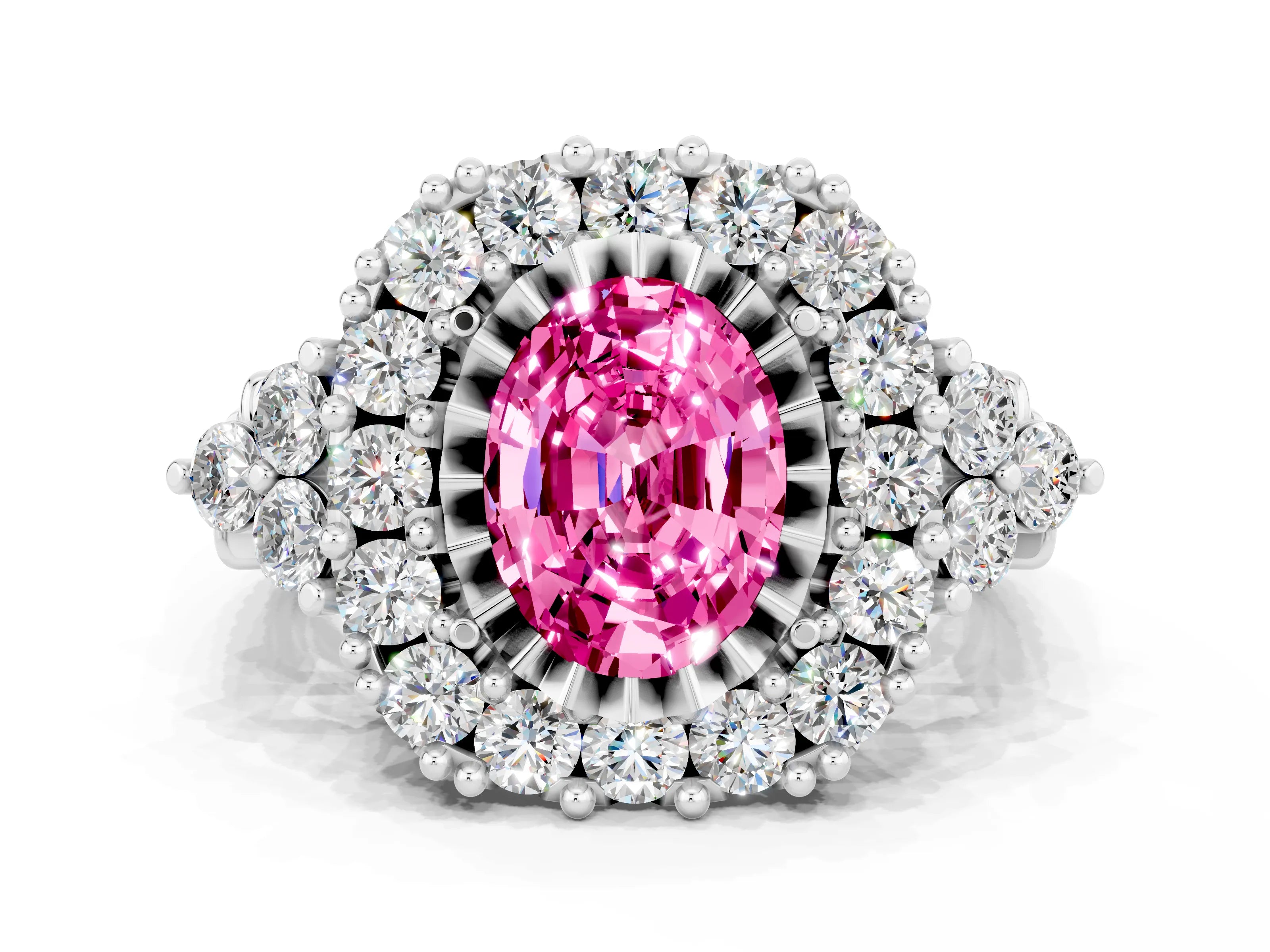 White gold Oval Cut Pink Sapphire Halo Ring with Pavé Band and Four-Prong Setting_12