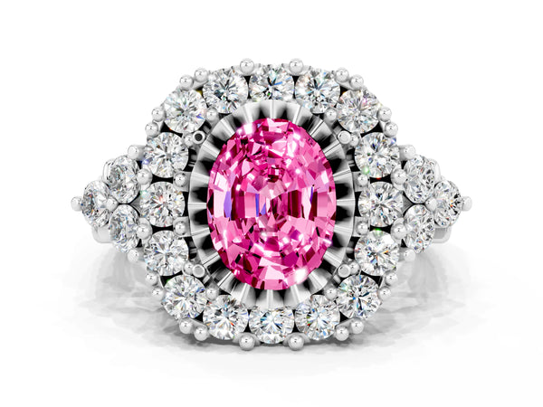 White gold Oval Cut Pink Sapphire Halo Ring with Pavé Band and Four-Prong Setting