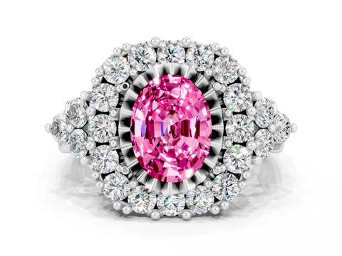 White gold Oval Cut Pink Sapphire Halo Ring with Pavé Band and Four-Prong Setting_12