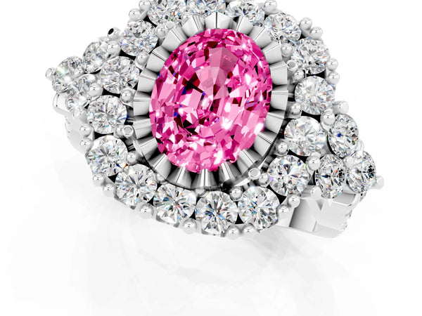Platinum Oval Cut Pink Sapphire Halo Ring with Pavé Band and Four-Prong Setting