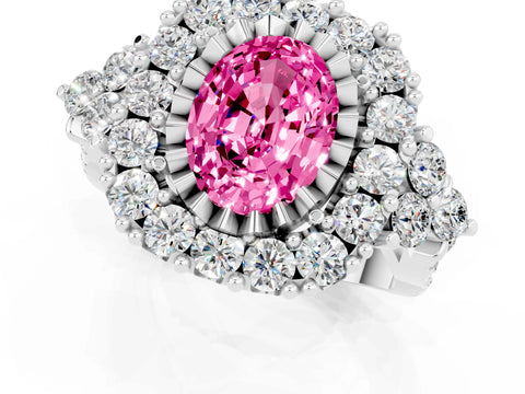 White gold Oval Cut Pink Sapphire Halo Ring with Pavé Band and Four-Prong Setting_13