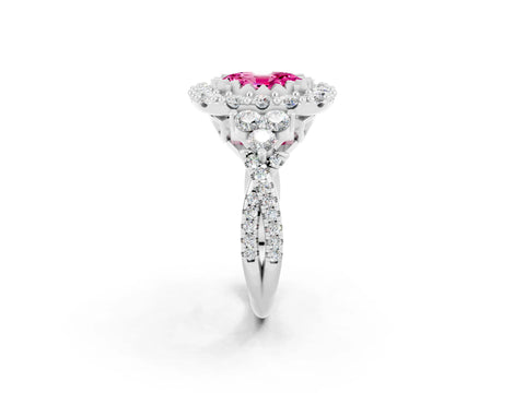 White gold Oval Cut Pink Sapphire Halo Ring with Pavé Band and Four-Prong Setting_14