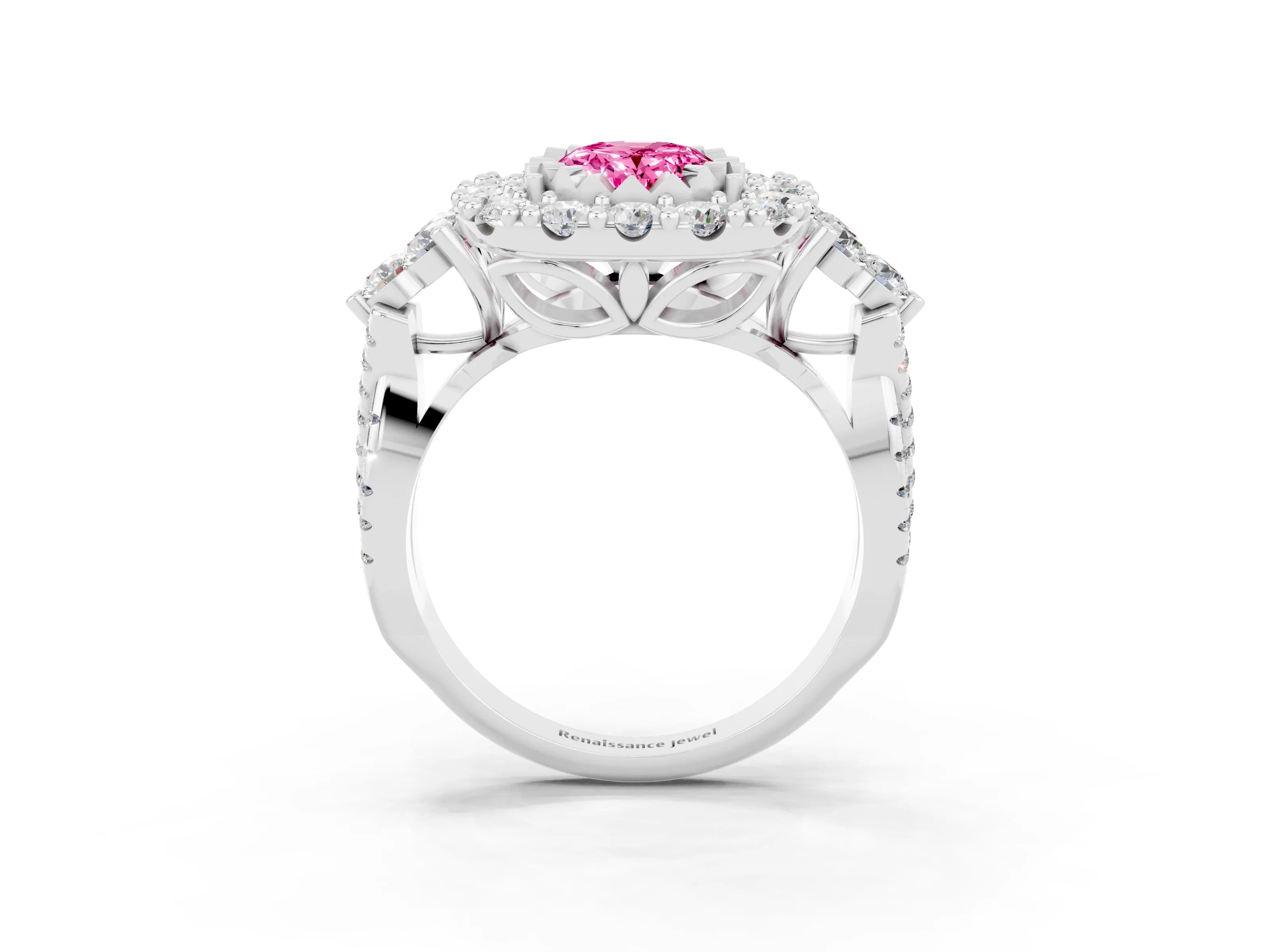 White gold Oval Cut Pink Sapphire Halo Ring with Pavé Band and Four-Prong Setting_15