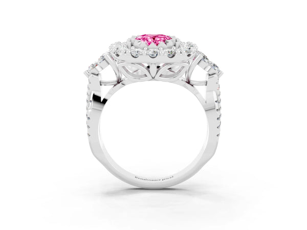 White gold Oval Cut Pink Sapphire Halo Ring with Pavé Band and Four-Prong Setting