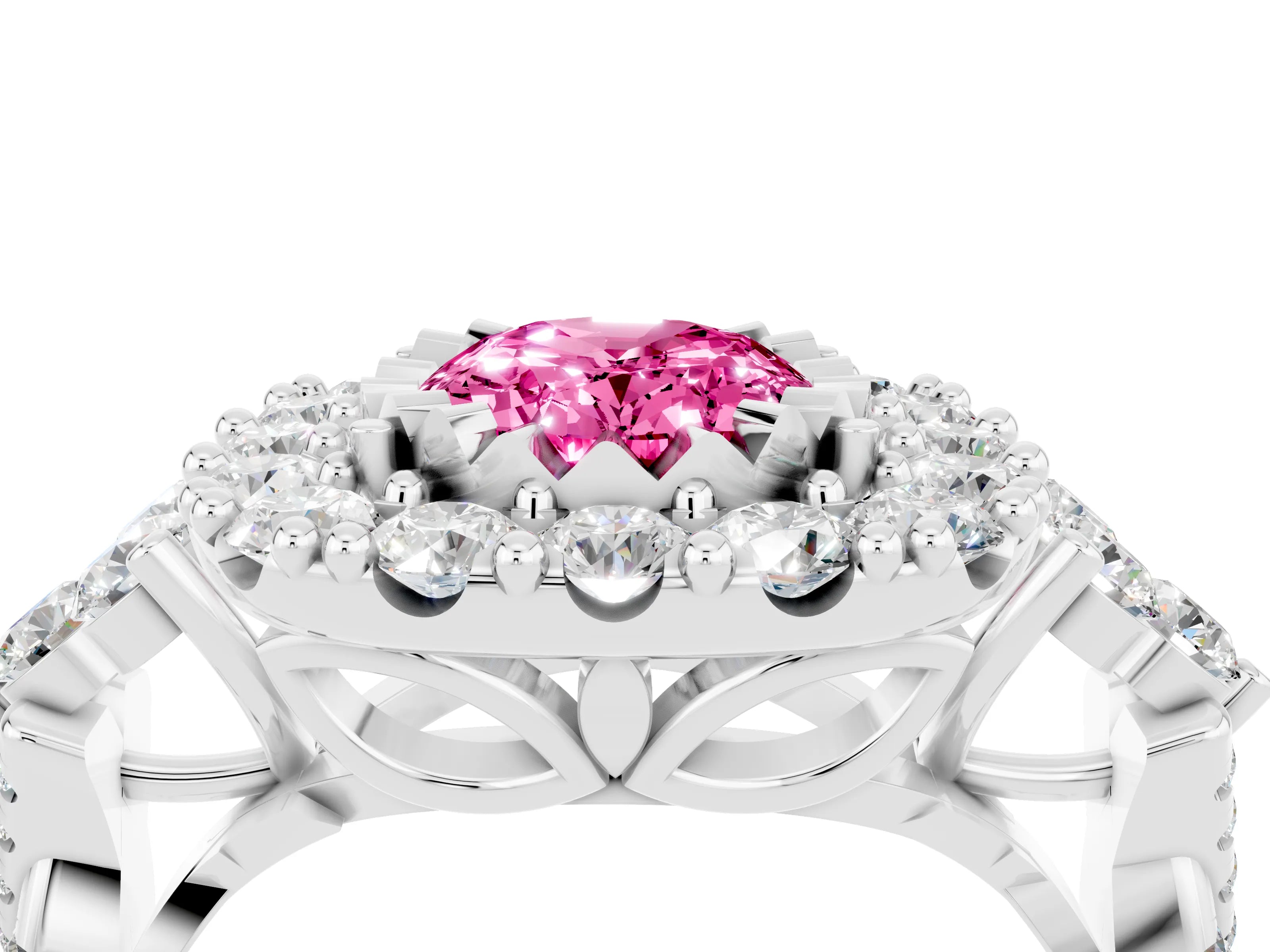 White gold Oval Cut Pink Sapphire Halo Ring with Pavé Band and Four-Prong Setting_16