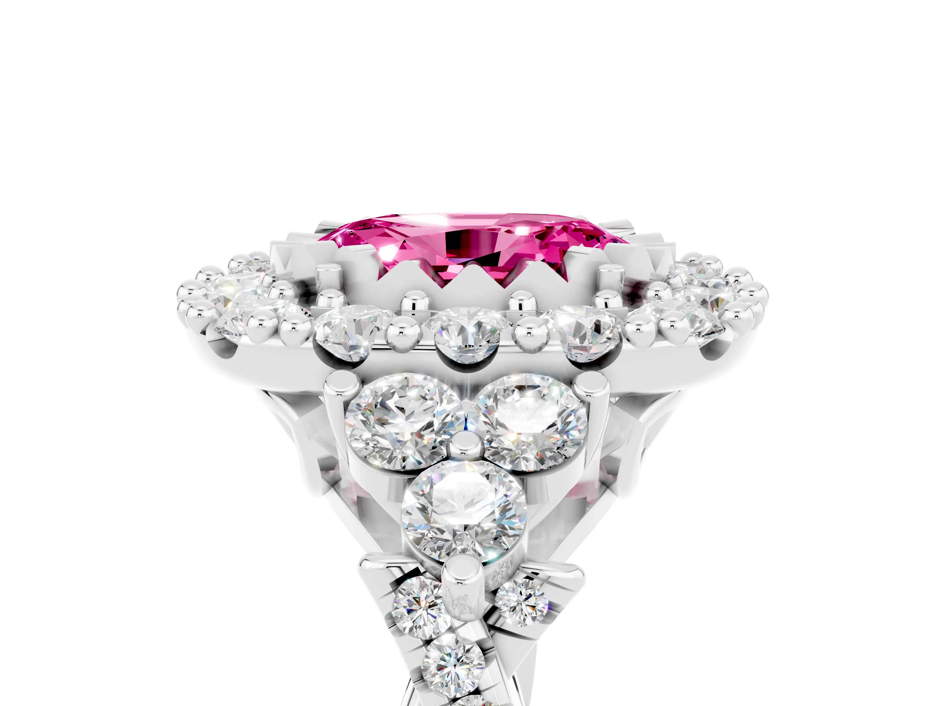 White gold Oval Cut Pink Sapphire Halo Ring with Pavé Band and Four-Prong Setting_17