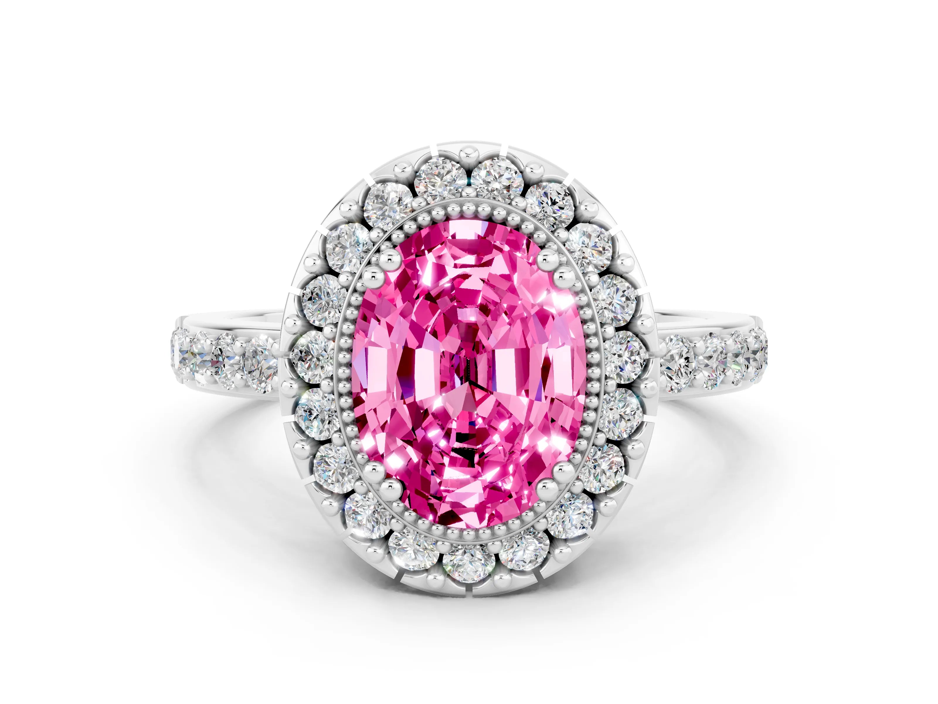 White gold Oval Cut Pink Sapphire Halo Ring with Pavé Band and Prong Setting