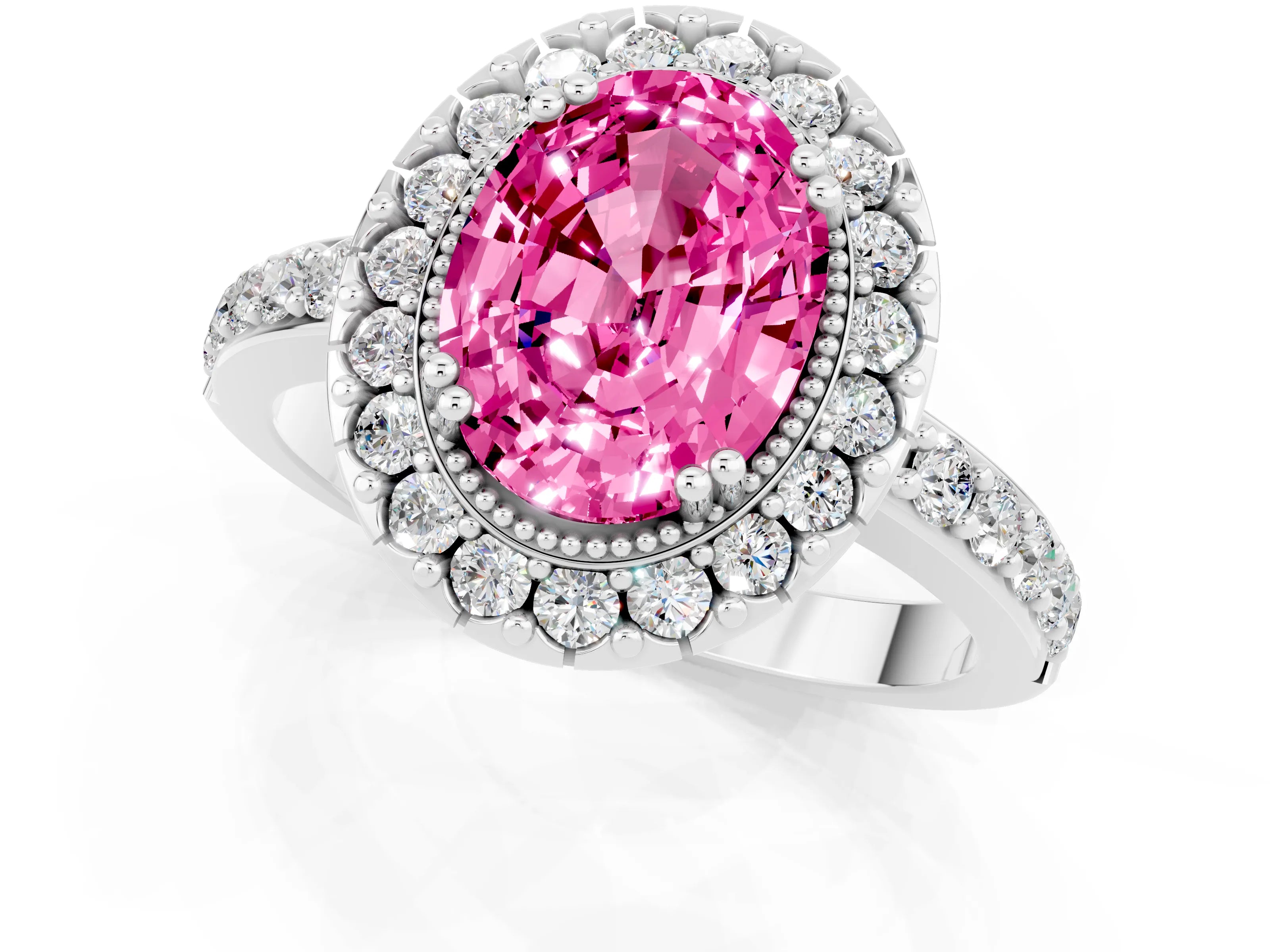 White gold Oval Cut Pink Sapphire Halo Ring with Pavé Band and Prong Setting_1