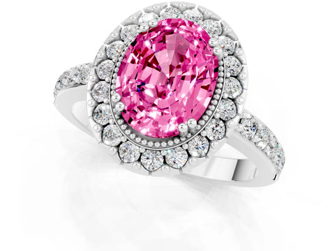 White gold Oval Cut Pink Sapphire Halo Ring with Pavé Band and Prong Setting_1