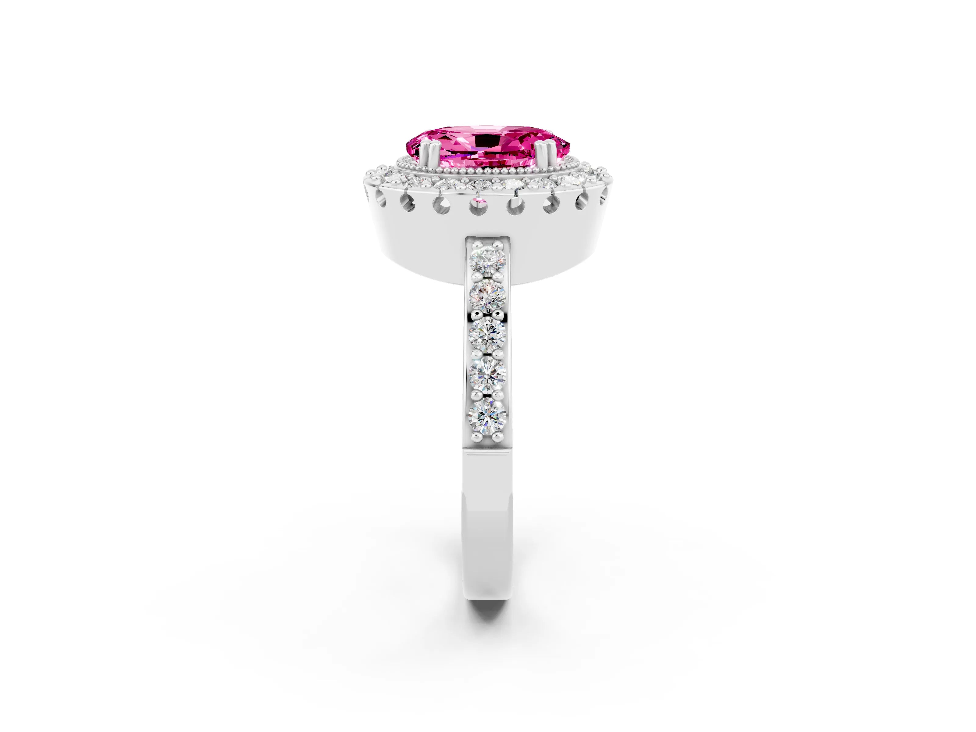 White gold Oval Cut Pink Sapphire Halo Ring with Pavé Band and Prong Setting_2