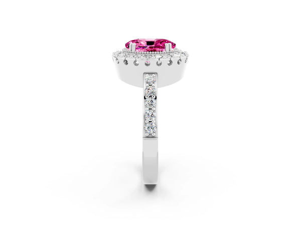 Platinum Oval Cut Pink Sapphire Halo Ring with Pavé Band and Prong Setting