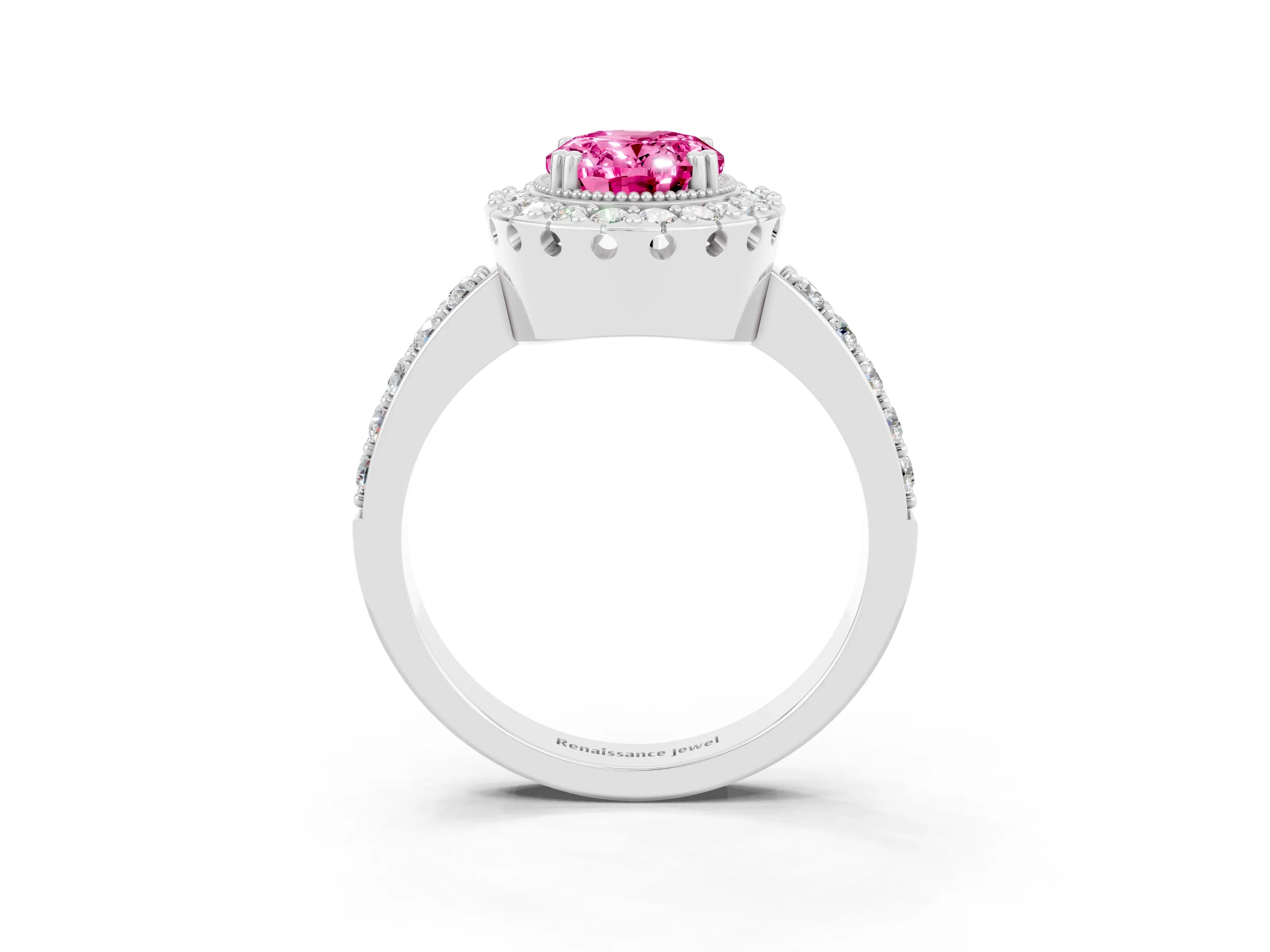 White gold Oval Cut Pink Sapphire Halo Ring with Pavé Band and Prong Setting_3