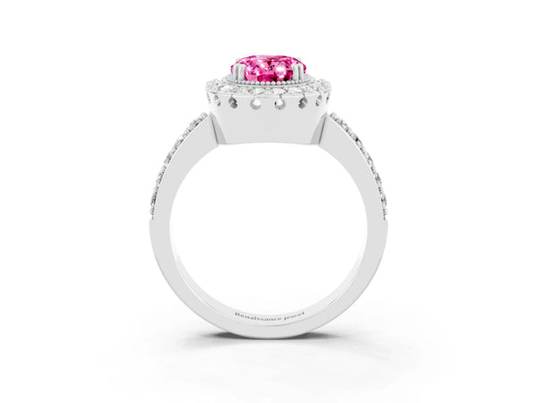 Platinum Oval Cut Pink Sapphire Halo Ring with Pavé Band and Prong Setting