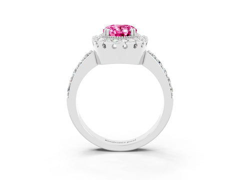 White gold Oval Cut Pink Sapphire Halo Ring with Pavé Band and Prong Setting_3