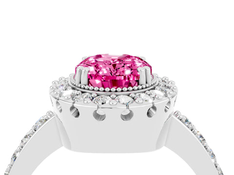 White gold Oval Cut Pink Sapphire Halo Ring with Pavé Band and Prong Setting_4