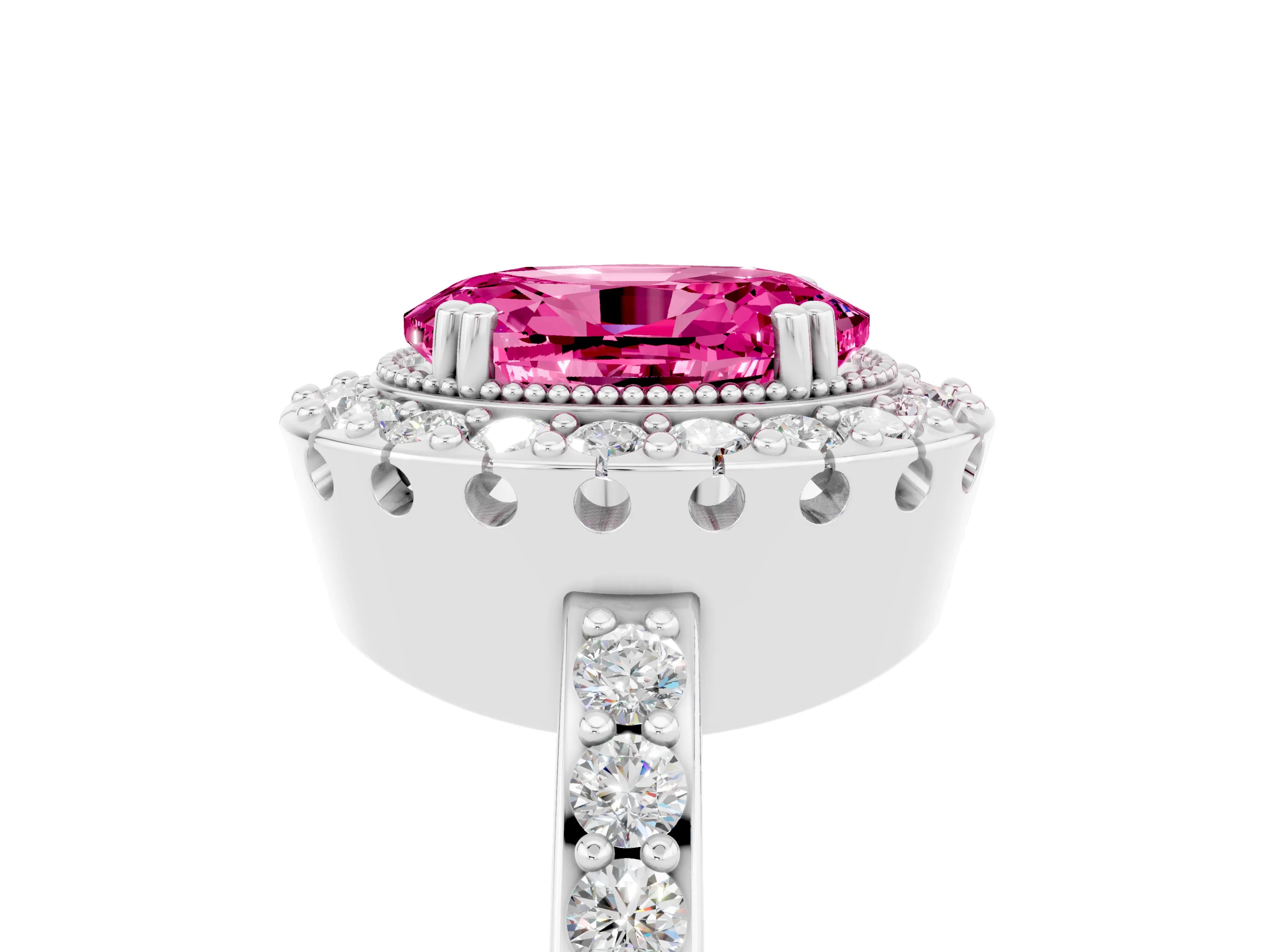 White gold Oval Cut Pink Sapphire Halo Ring with Pavé Band and Prong Setting_5