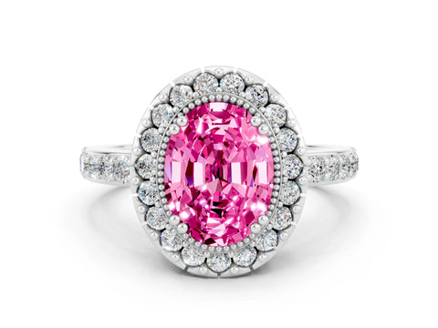White gold Oval Cut Pink Sapphire Halo Ring with Pavé Band and Prong Setting