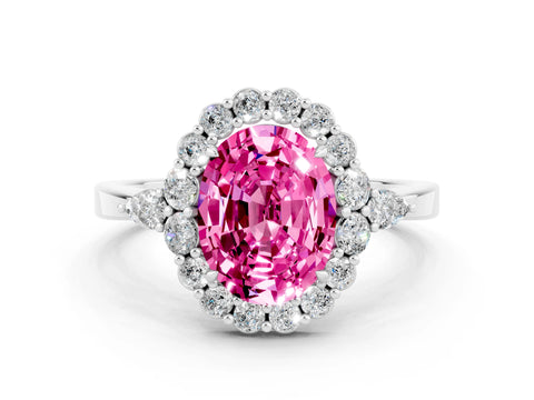 White gold Oval Cut Pink Sapphire Halo Ring with Pear Side Stones and Prong Setting_24
