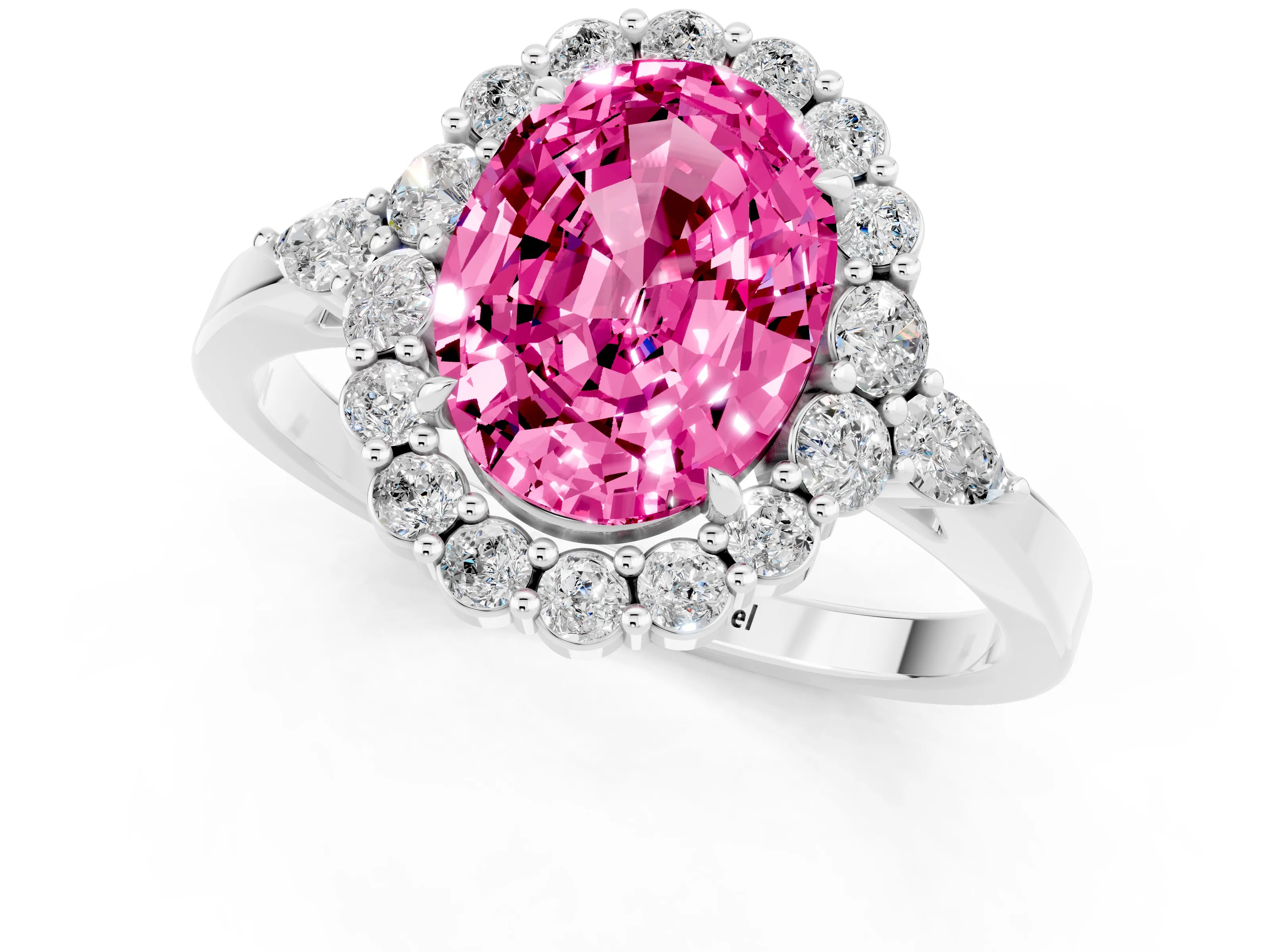 White gold Oval Cut Pink Sapphire Halo Ring with Pear Side Stones and Prong Setting_25
