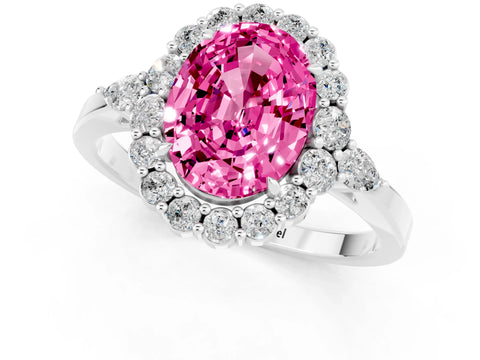 White gold Oval Cut Pink Sapphire Halo Ring with Pear Side Stones and Prong Setting_25