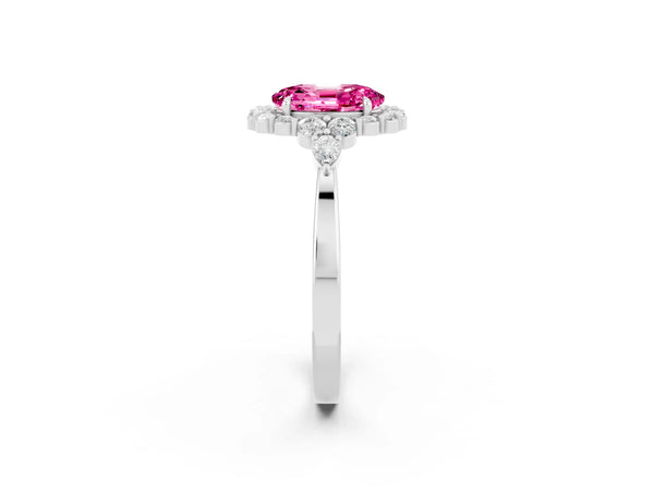 Platinum Oval Cut Pink Sapphire Halo Ring with Pear Side Stones and Prong Setting