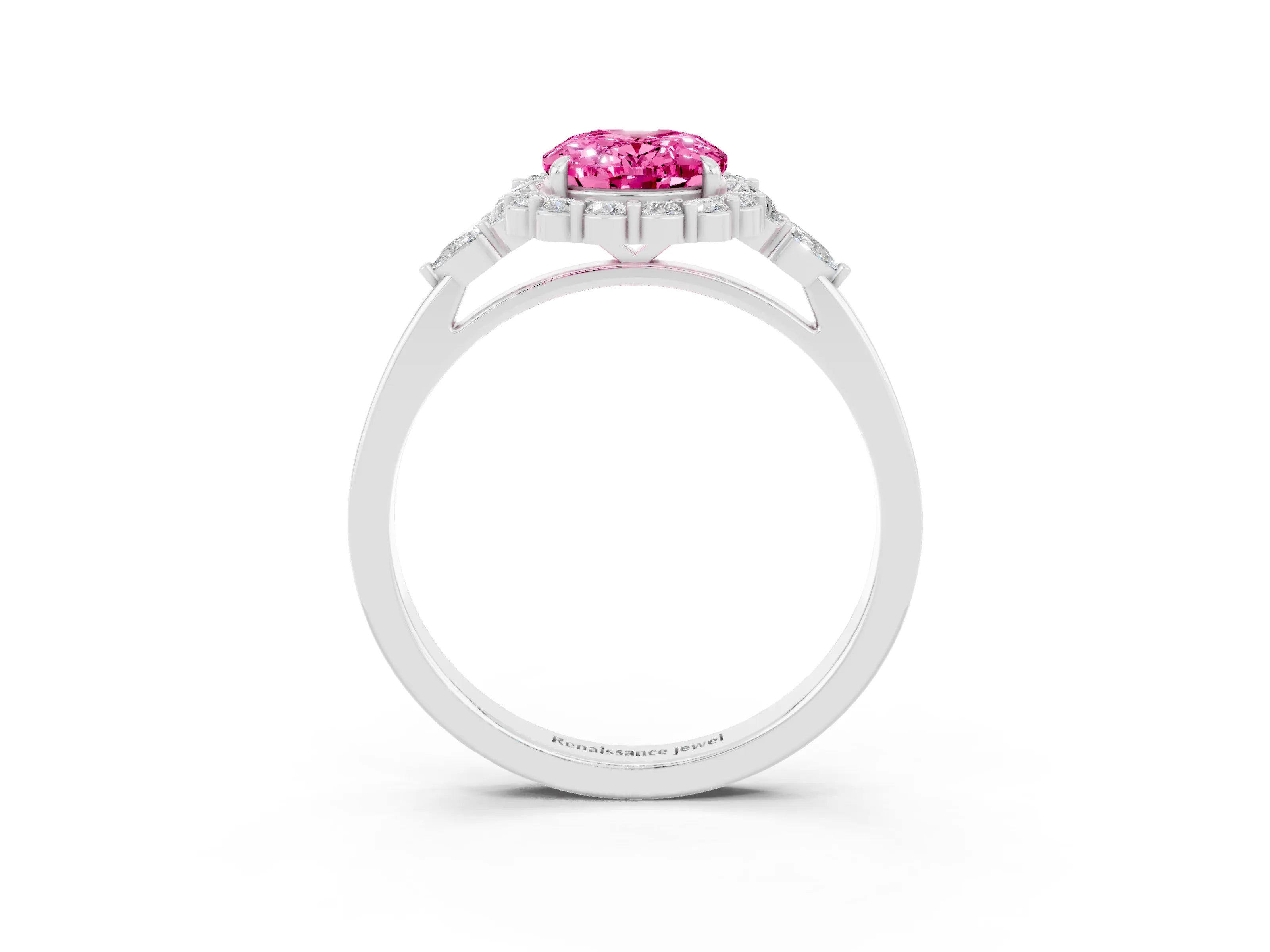 White gold Oval Cut Pink Sapphire Halo Ring with Pear Side Stones and Prong Setting_27
