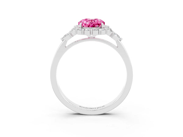 Silver Oval Cut Pink Sapphire Halo Ring with Pear Side Stones and Prong Setting