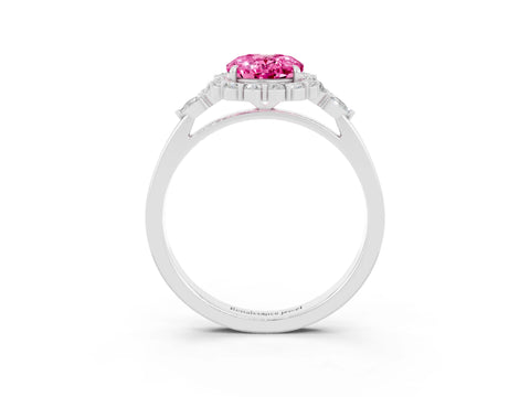 White gold Oval Cut Pink Sapphire Halo Ring with Pear Side Stones and Prong Setting_27