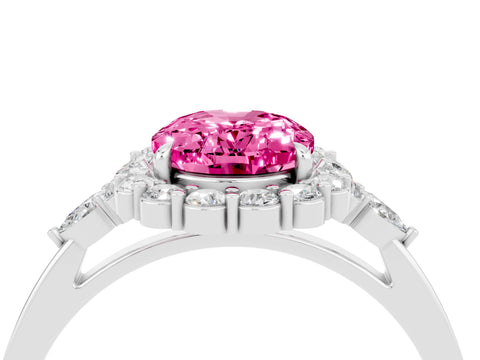 White gold Oval Cut Pink Sapphire Halo Ring with Pear Side Stones and Prong Setting_28