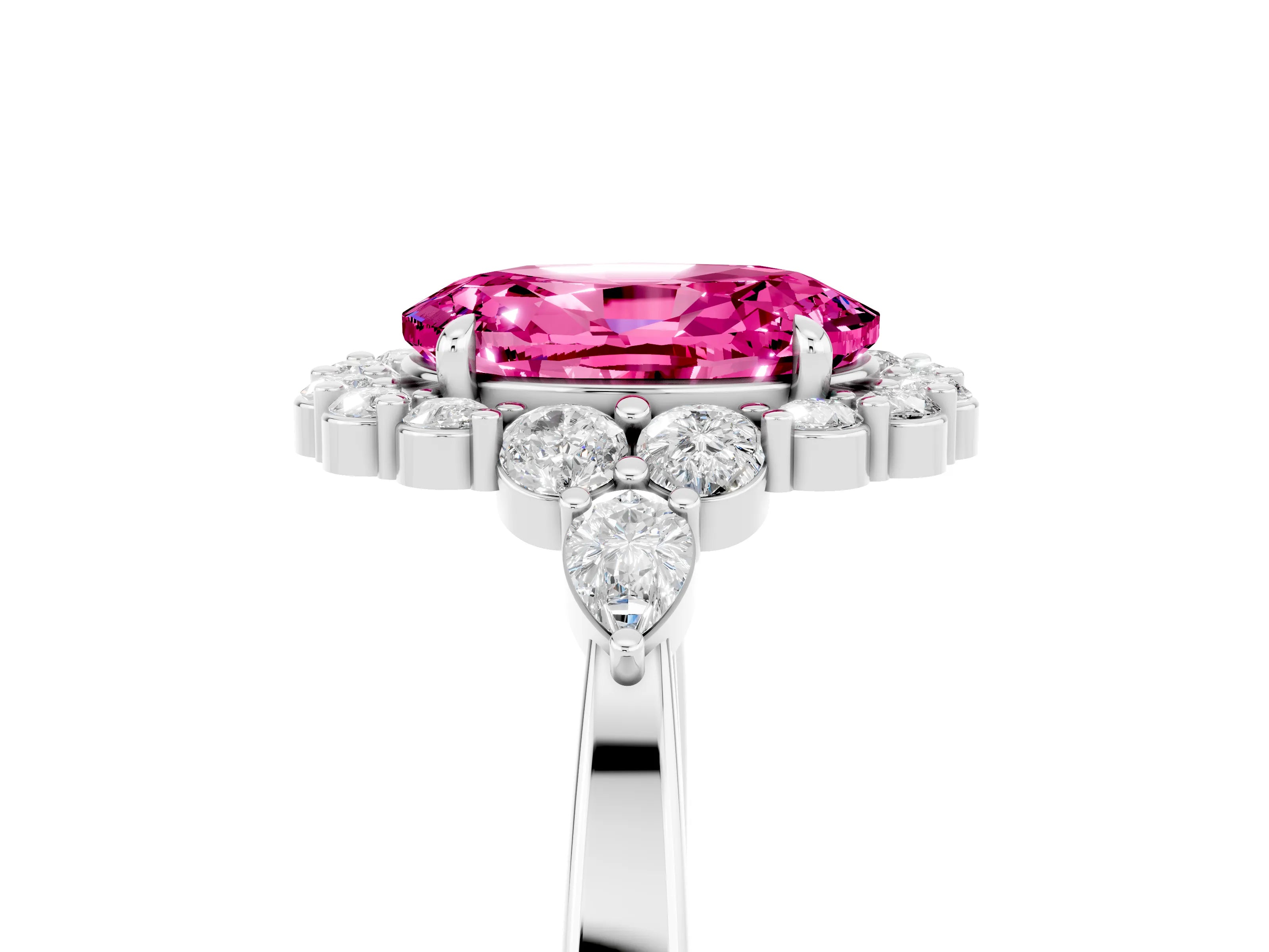 White gold Oval Cut Pink Sapphire Halo Ring with Pear Side Stones and Prong Setting_29