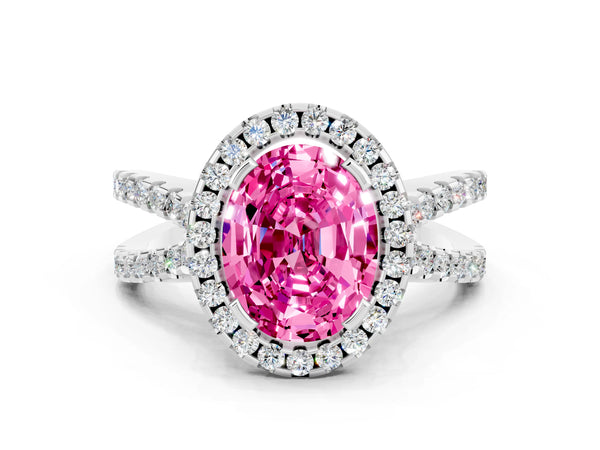 Platinum Oval Cut Pink Sapphire Halo Ring with Split Shank Pavé Band and Prong Setting