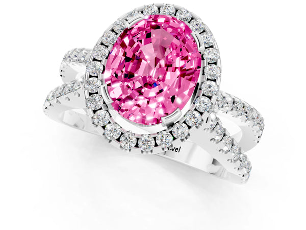 Platinum Oval Cut Pink Sapphire Halo Ring with Split Shank Pavé Band and Prong Setting
