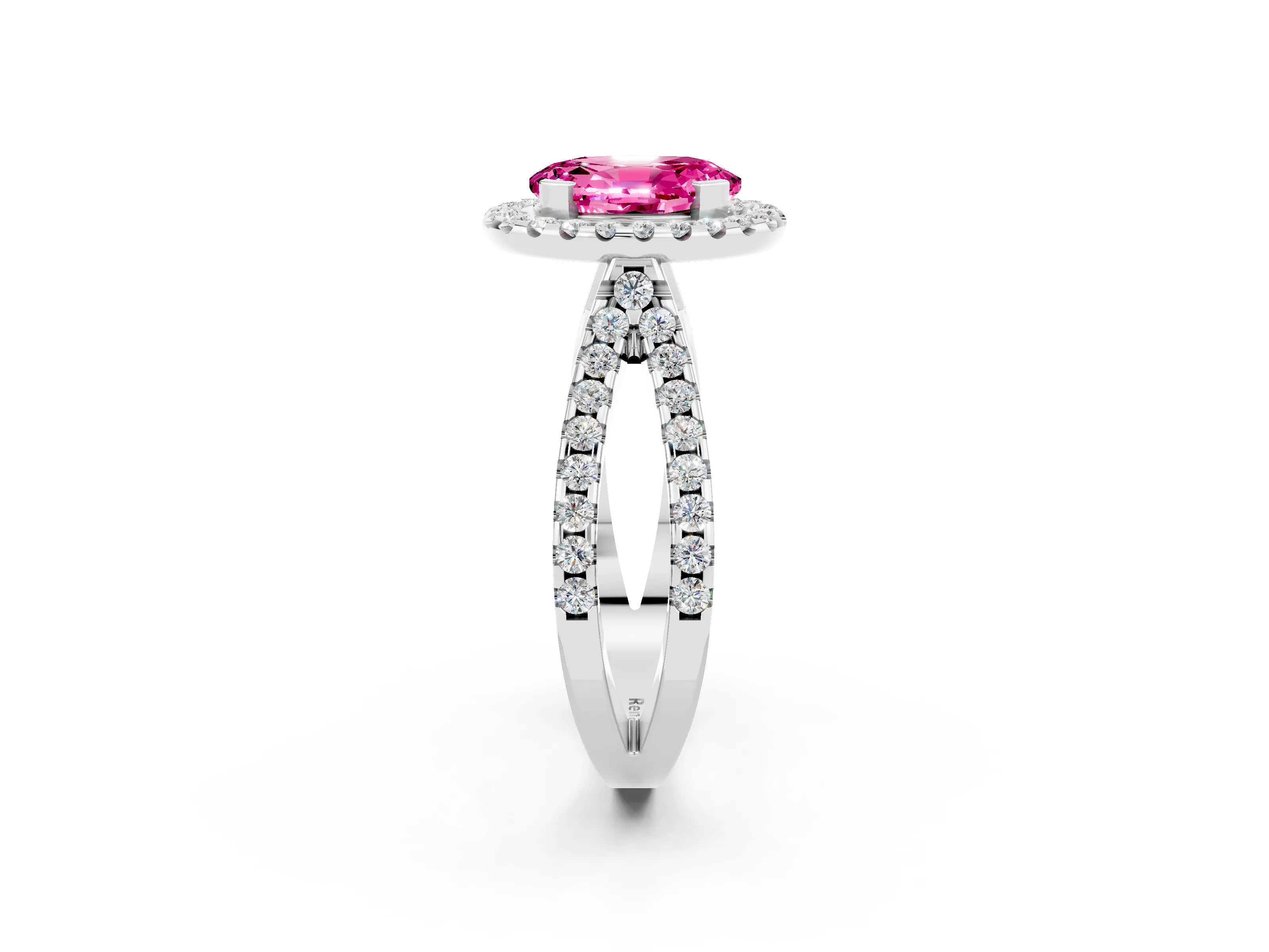 White gold Oval Cut Pink Sapphire Halo Ring with Split Shank Pavé Band and Prong Setting_14