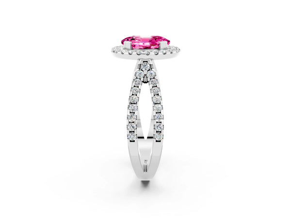 Silver Oval Cut Pink Sapphire Halo Ring with Split Shank Pavé Band and Prong Setting