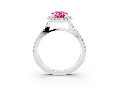 White gold Oval Cut Pink Sapphire Halo Ring with Split Shank Pavé Band and Prong Setting_15