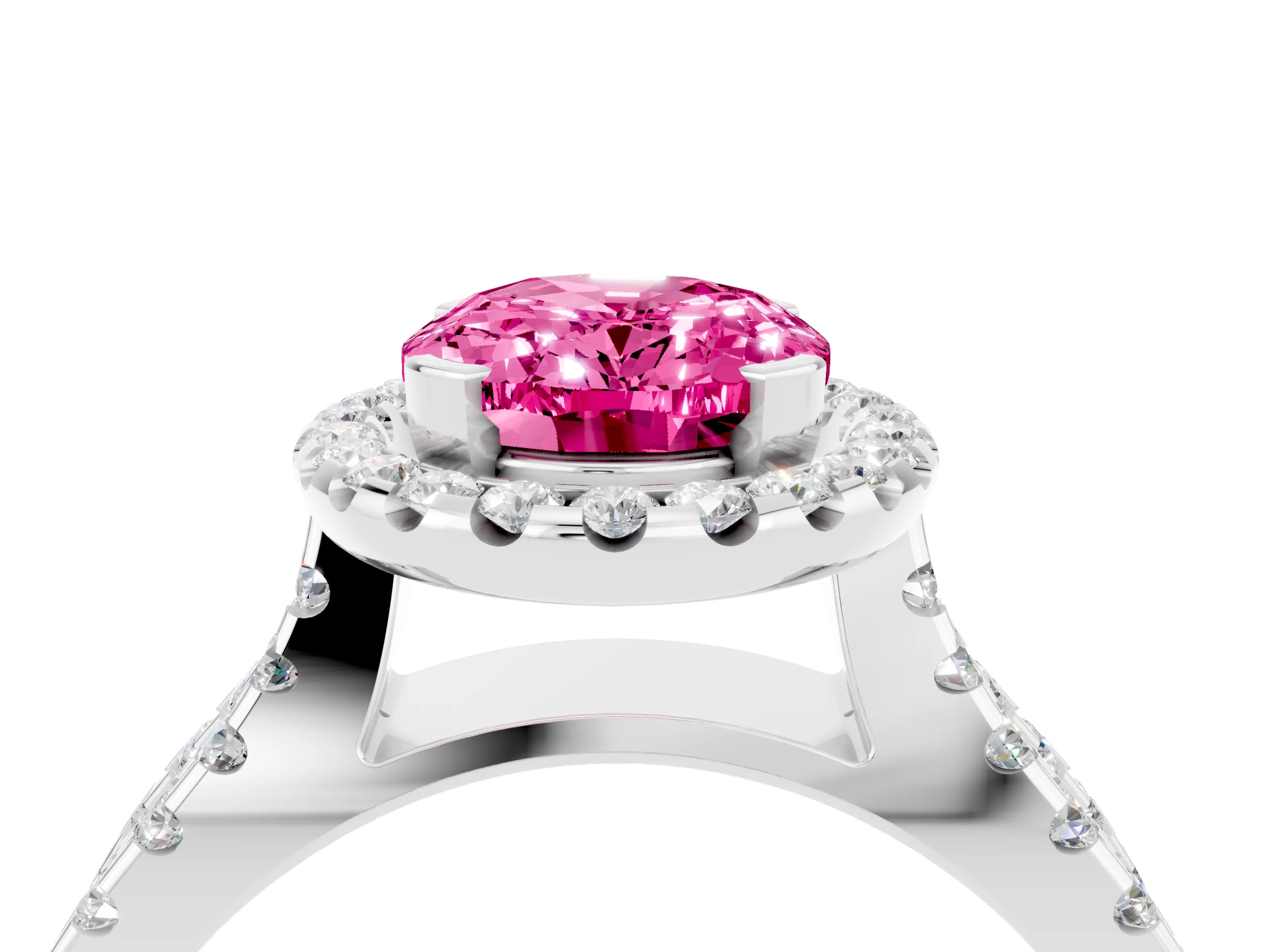 White gold Oval Cut Pink Sapphire Halo Ring with Split Shank Pavé Band and Prong Setting_16