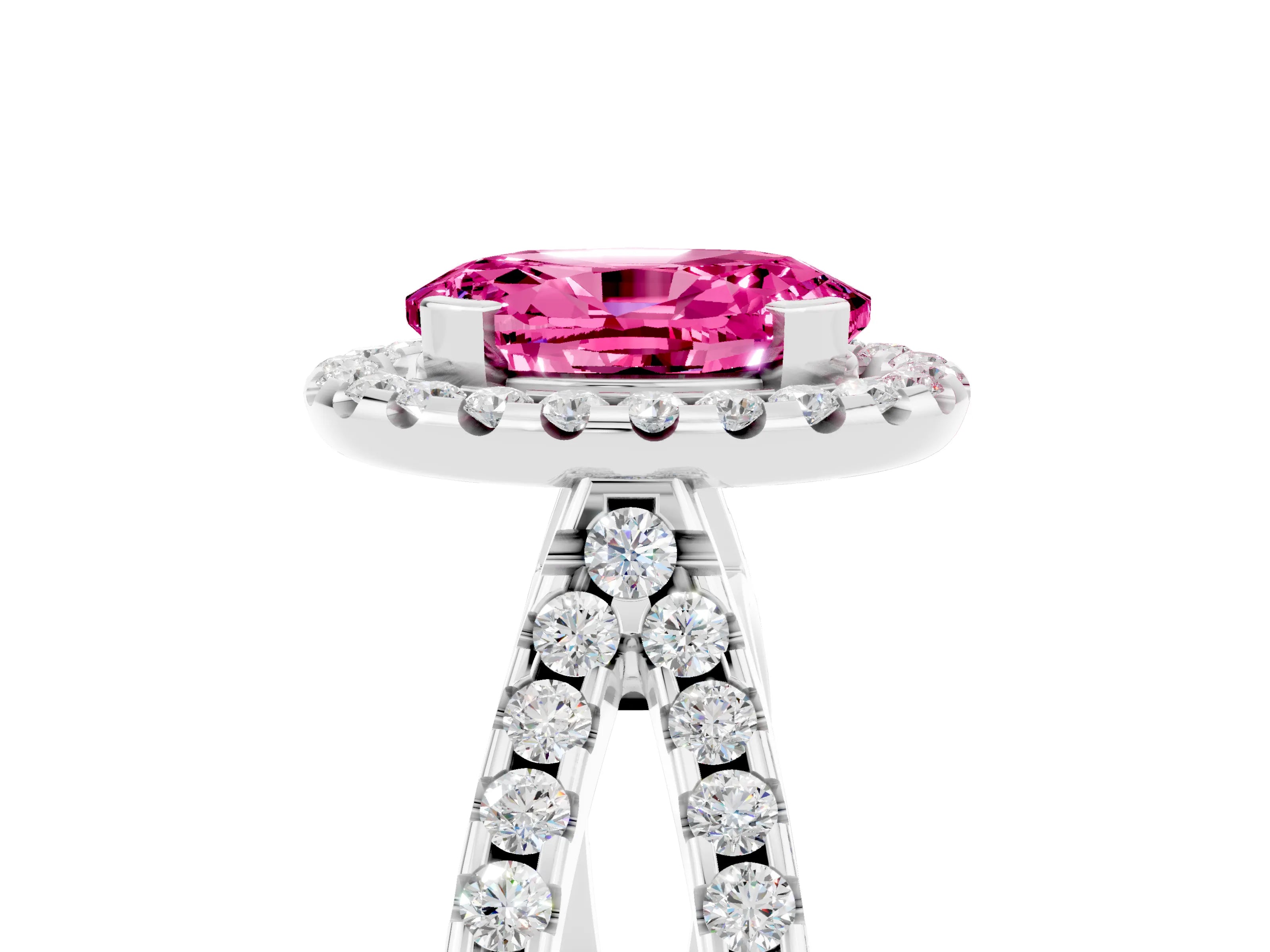 White gold Oval Cut Pink Sapphire Halo Ring with Split Shank Pavé Band and Prong Setting_17
