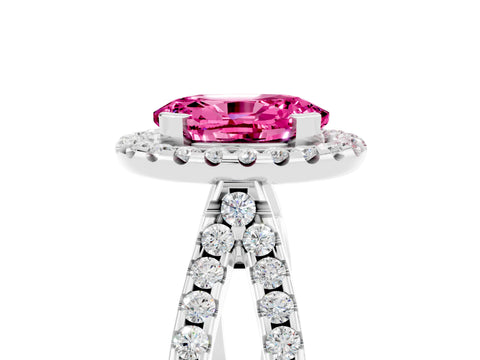 White gold Oval Cut Pink Sapphire Halo Ring with Split Shank Pavé Band and Prong Setting_17
