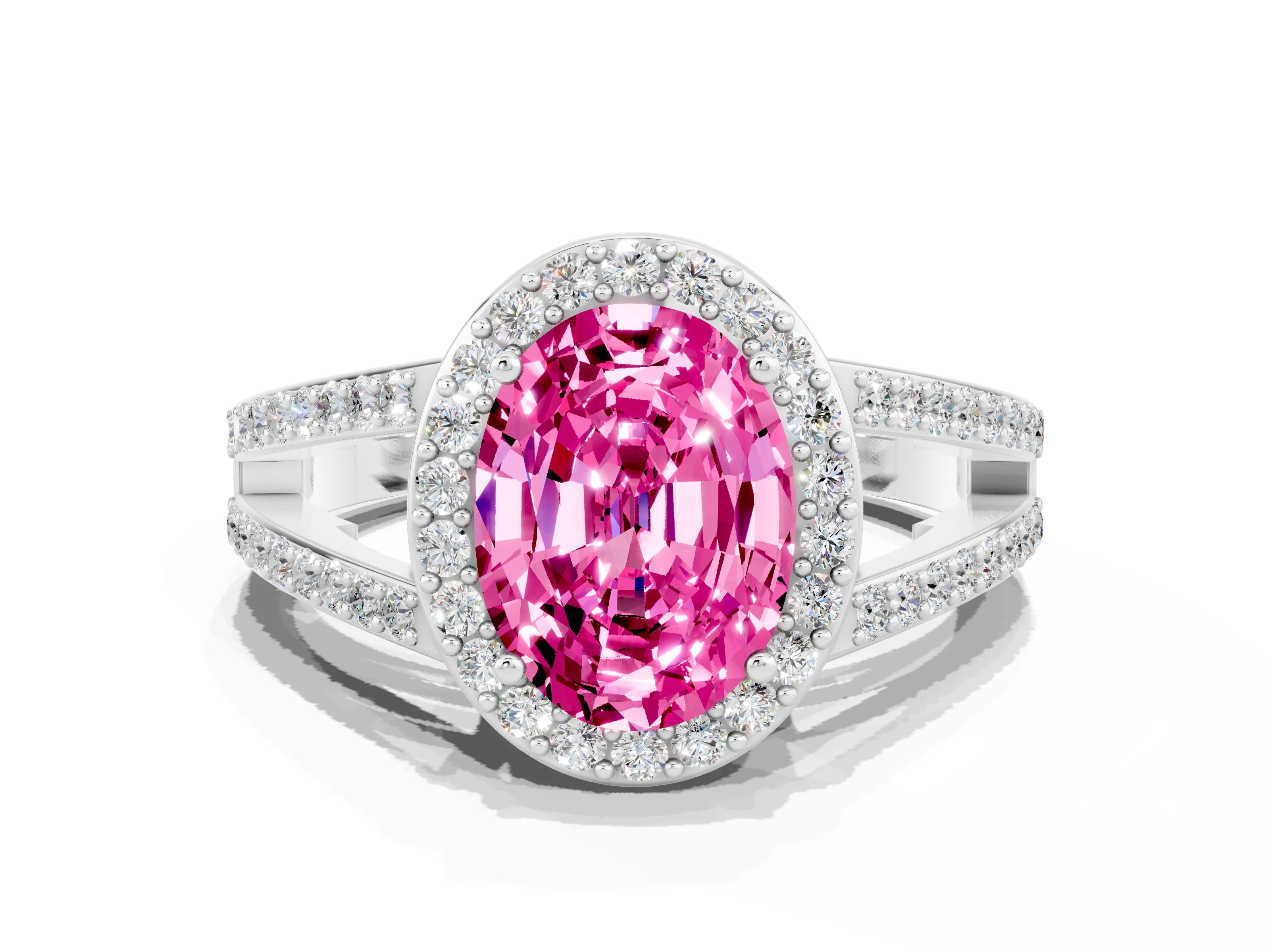 White gold Oval Cut Pink Sapphire Halo Ring with Split Shank U-Prong Band and Four-Prong Setting