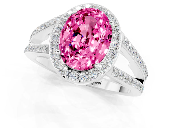Silver Oval Cut Pink Sapphire Halo Ring with Split Shank U-Prong Band and Four-Prong Setting