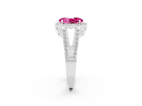 White gold Oval Cut Pink Sapphire Halo Ring with Split Shank U-Prong Band and Four-Prong Setting_2