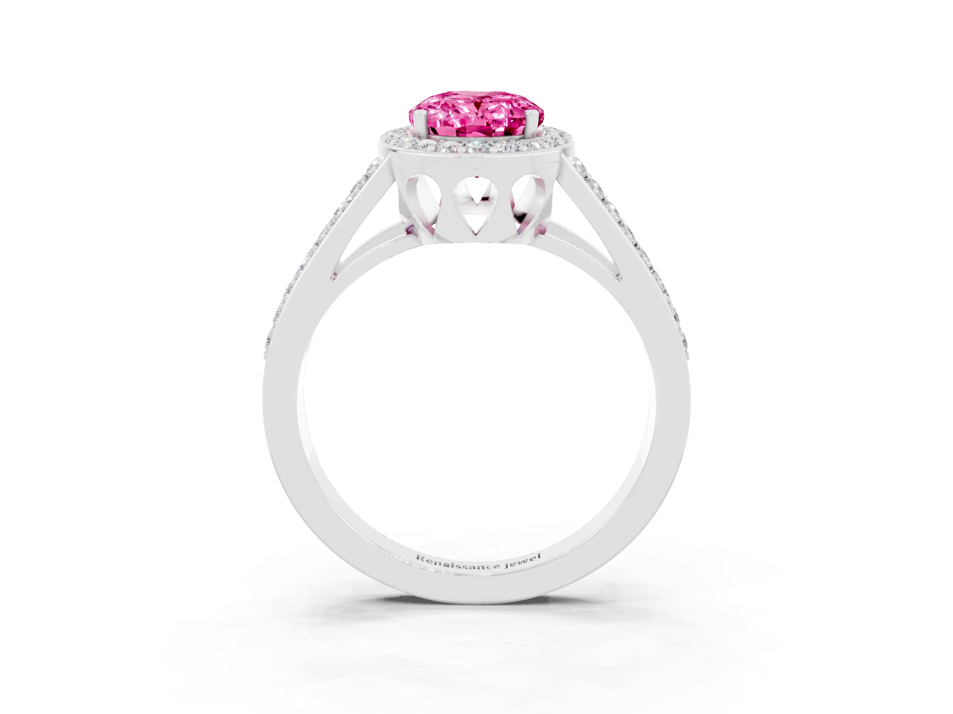 White gold Oval Cut Pink Sapphire Halo Ring with Split Shank U-Prong Band and Four-Prong Setting_3