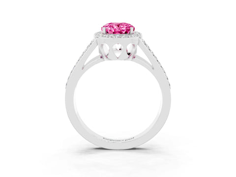 White gold Oval Cut Pink Sapphire Halo Ring with Split Shank U-Prong Band and Four-Prong Setting_3