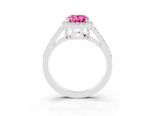 White gold Oval Cut Pink Sapphire Halo Ring with Split Shank U-Prong Band and Four-Prong Setting
