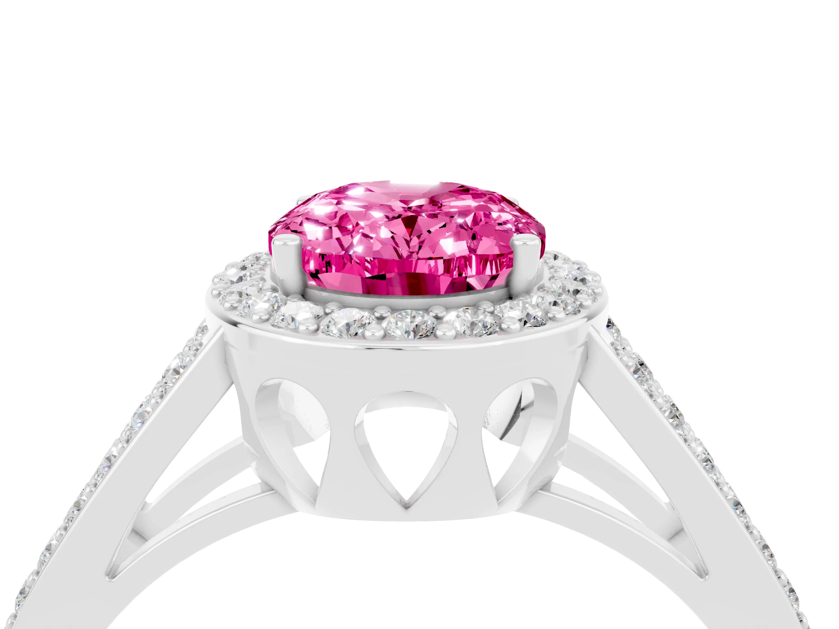 White gold Oval Cut Pink Sapphire Halo Ring with Split Shank U-Prong Band and Four-Prong Setting_4