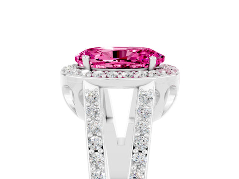 White gold Oval Cut Pink Sapphire Halo Ring with Split Shank U-Prong Band and Four-Prong Setting_5