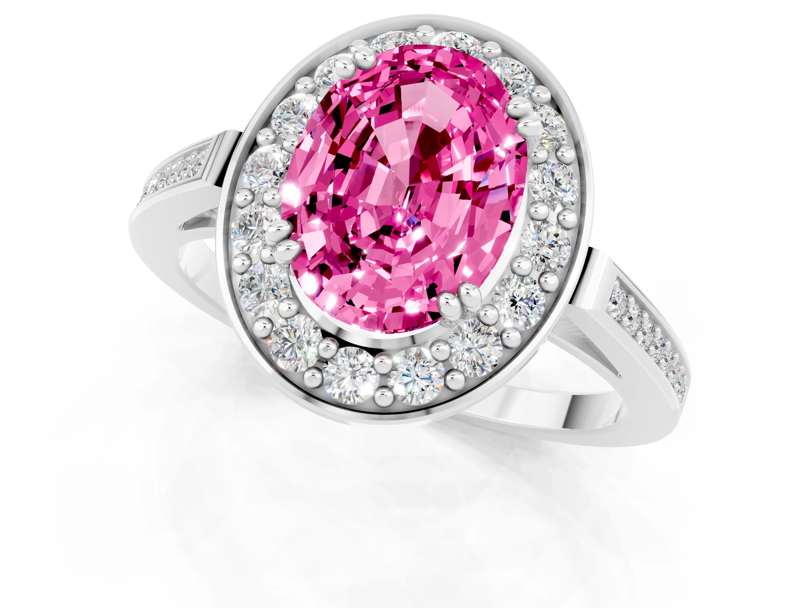 White gold Oval Cut Pink Sapphire Halo Ring with Split Shank and Four-Prong Setting_1