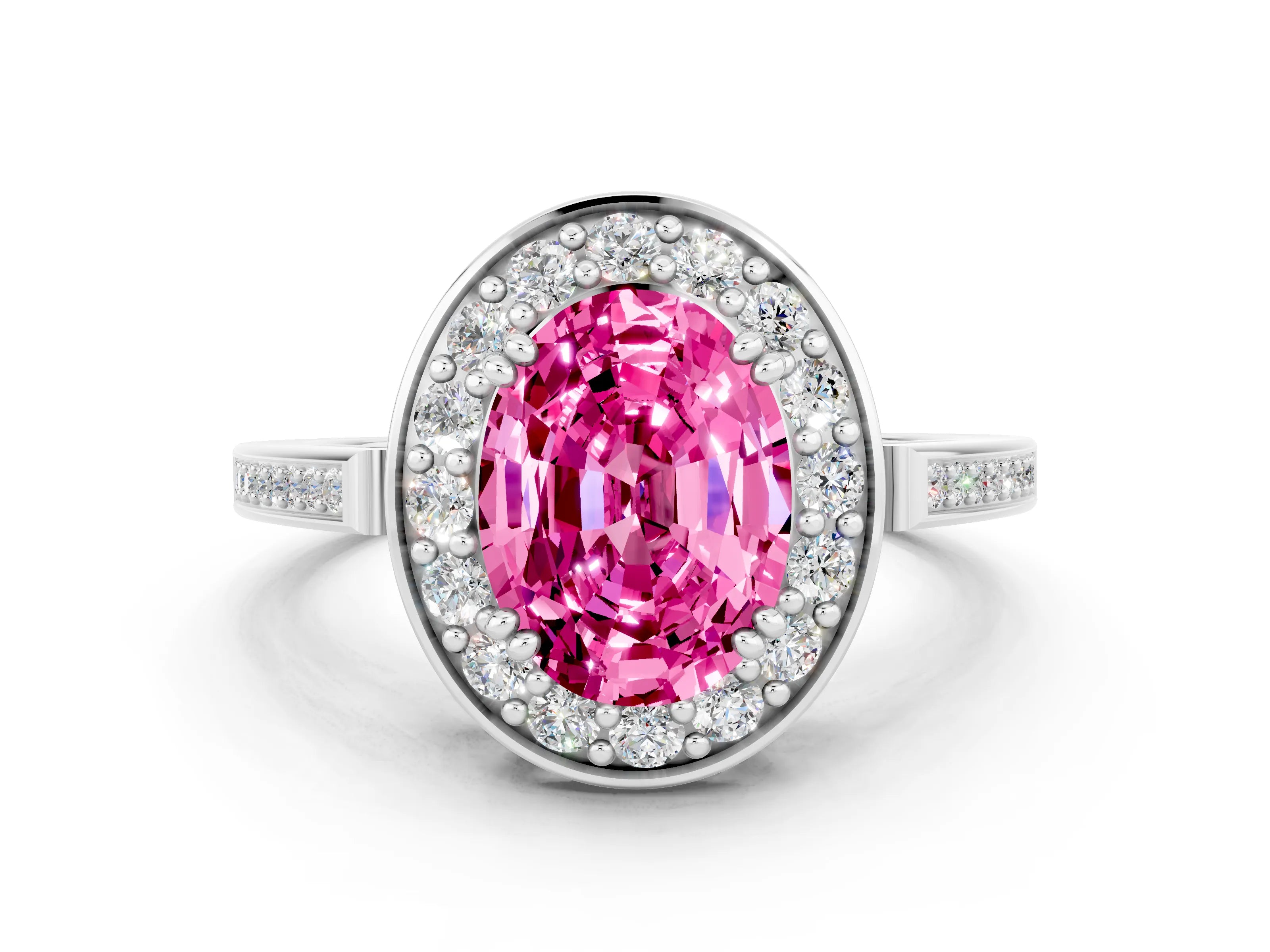 White gold Oval Cut Pink Sapphire Halo Ring with Split Shank and Four-Prong Setting_12
