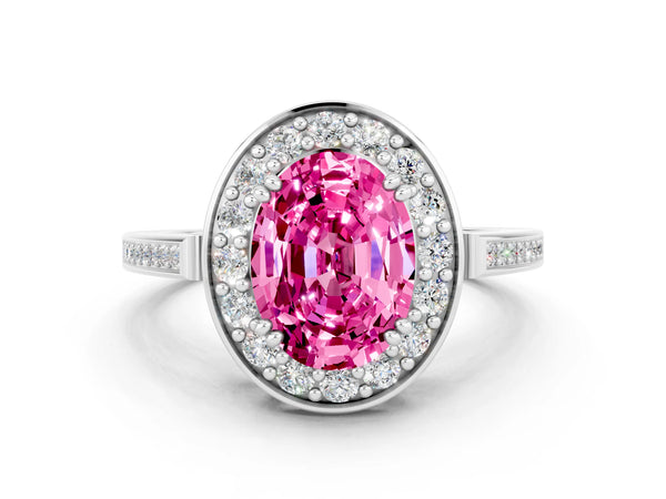 White gold Oval Cut Pink Sapphire Halo Ring with Split Shank and Four-Prong Setting