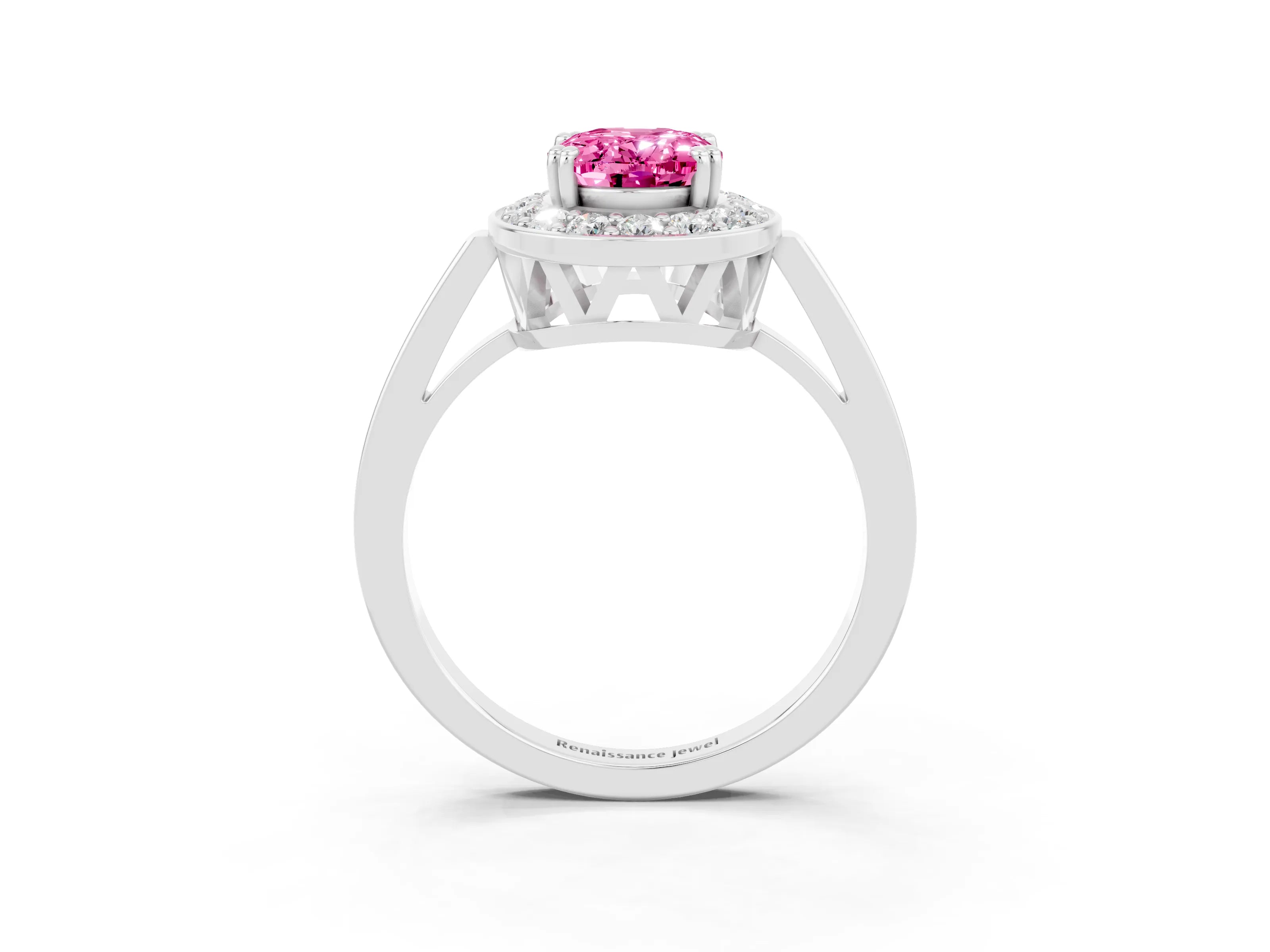 White gold Oval Cut Pink Sapphire Halo Ring with Split Shank and Four-Prong Setting_15